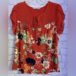 Daniel Rainn Orange Floral Sheer Shoulder/Sleeve Short Sleeve Blouse Size M